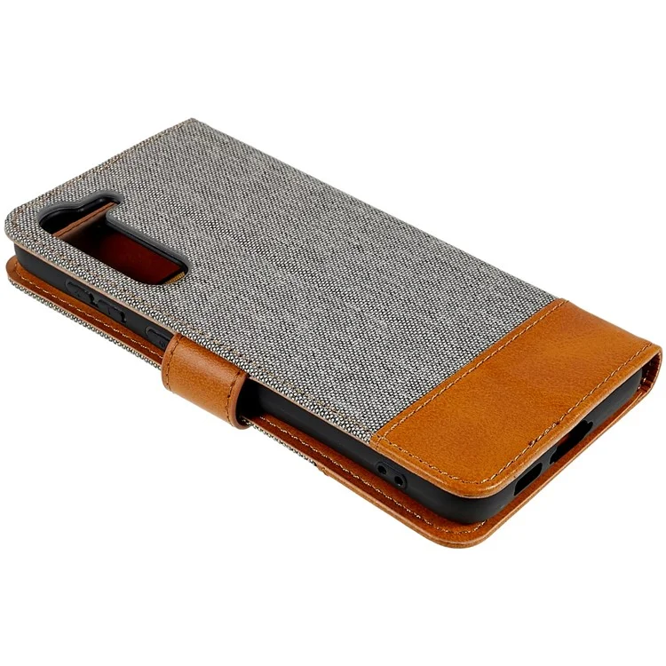 Para Samsung Galaxy S23 Calf Texture Splicing Jeans Cloth PU Leather Case Magnetic Clasp Phone Cover with Stand Wallet - Gris
