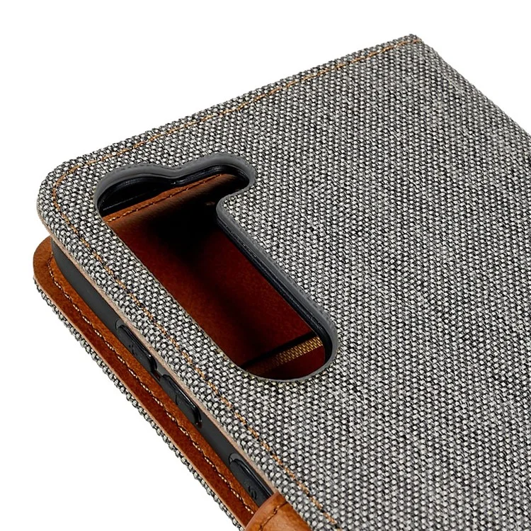 Para Samsung Galaxy S23 Calf Texture Splicing Jeans Cloth PU Leather Case Magnetic Clasp Phone Cover with Stand Wallet - Gris