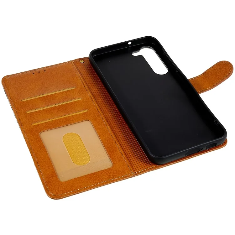 Para Samsung Galaxy S23 Calf Texture Splicing Jeans Cloth PU Leather Case Magnetic Clasp Phone Cover with Stand Wallet - Gris