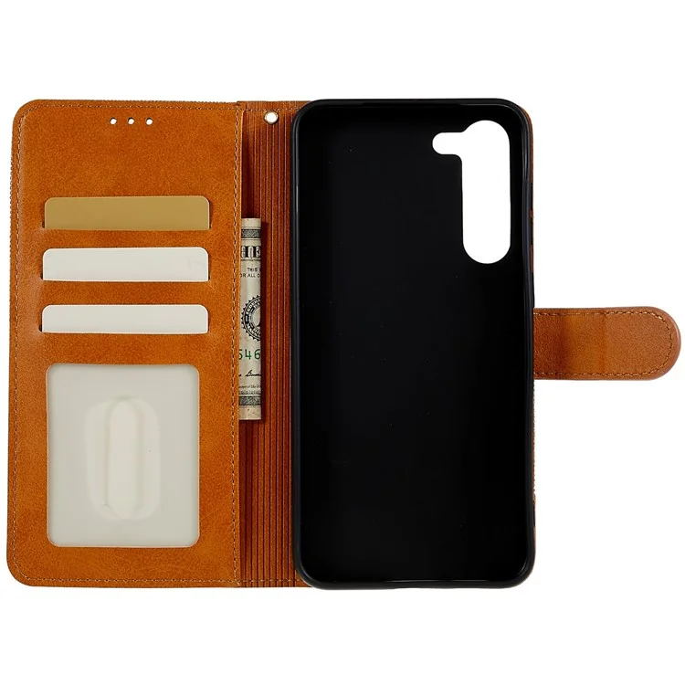 Para Samsung Galaxy S23 Calf Texture Splicing Jeans Cloth PU Leather Case Magnetic Clasp Phone Cover with Stand Wallet - Gris