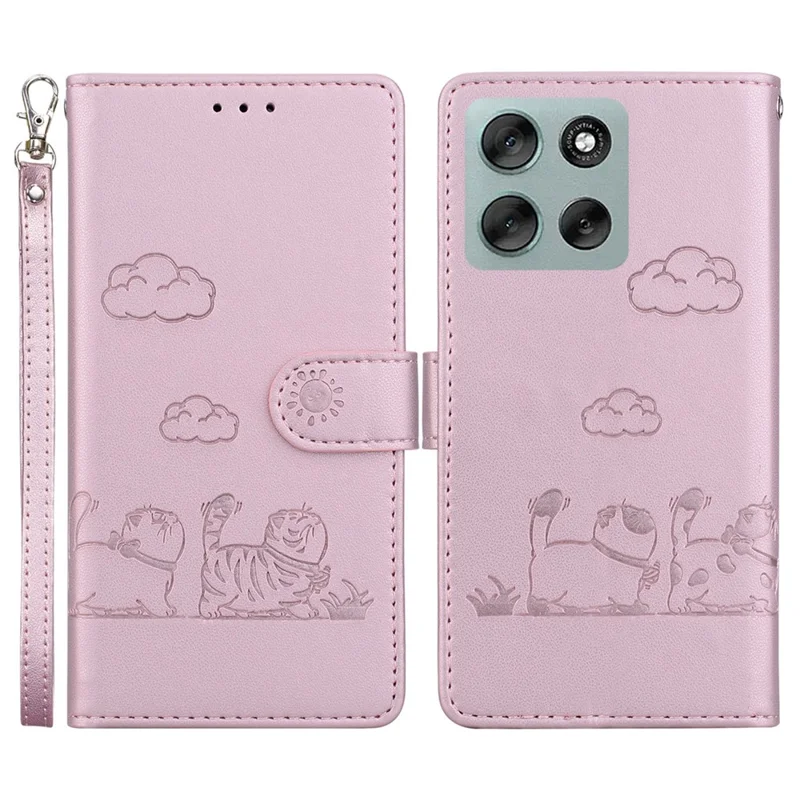 Cover per Motorola Moto G56 5G con Blocco RFID, Motivo Gattino, Cover in TPU + Pelle PU con Cinturino da Polso - Rosa