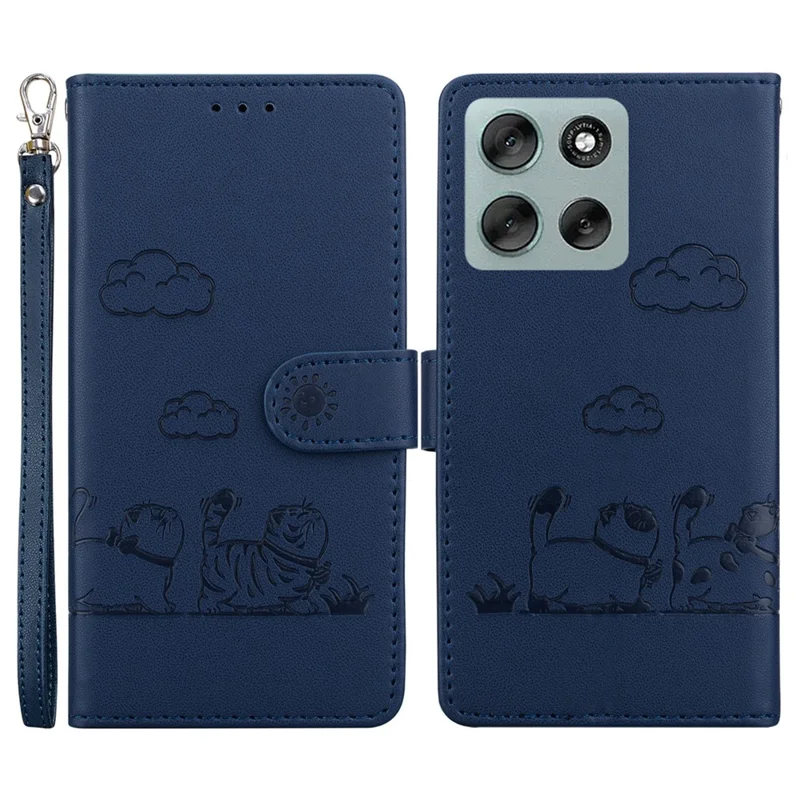 For Motorola Moto G56 5G Case RFID Blocking Kitten Pattern TPU + PU Leather Phone Cover with Wrist Strap - Blue