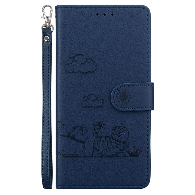 For Motorola Moto G56 5G Case RFID Blocking Kitten Pattern TPU + PU Leather Phone Cover with Wrist Strap - Blue