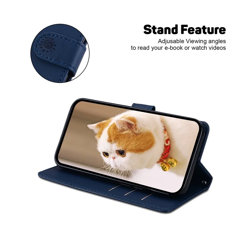 For Motorola Moto G56 5G Case RFID Blocking Kitten Pattern TPU + PU Leather Phone Cover with Wrist Strap - Blue