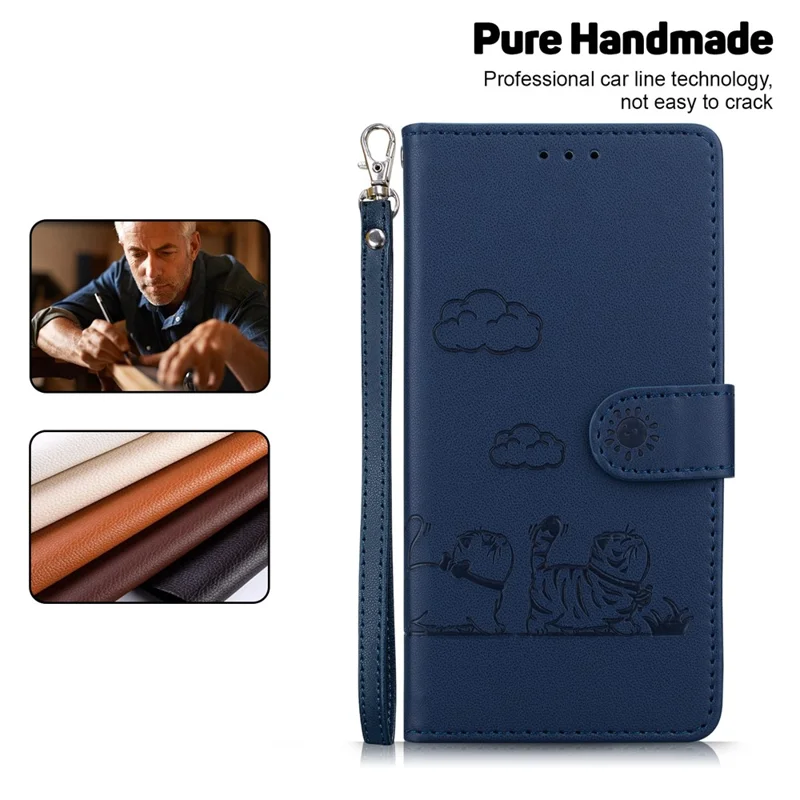 For Motorola Moto G56 5G Case RFID Blocking Kitten Pattern TPU + PU Leather Phone Cover with Wrist Strap - Blue