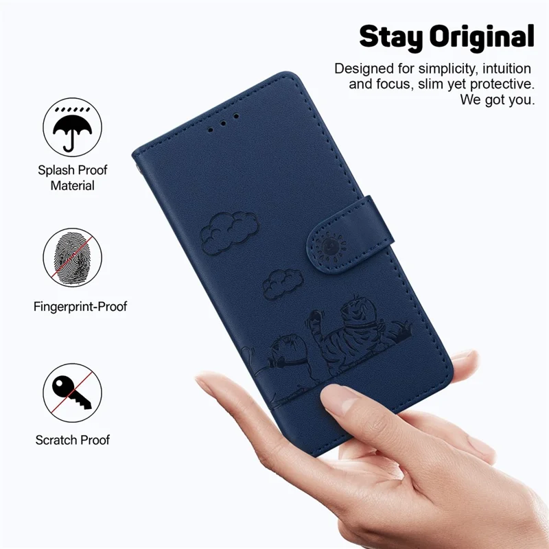 For Motorola Moto G56 5G Case RFID Blocking Kitten Pattern TPU + PU Leather Phone Cover with Wrist Strap - Blue
