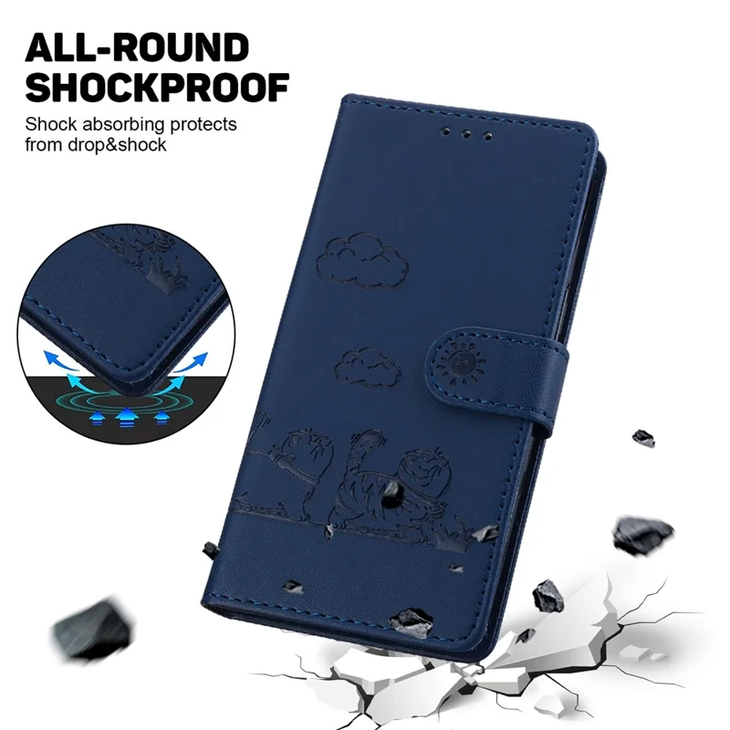For Motorola Moto G56 5G Case RFID Blocking Kitten Pattern TPU + PU Leather Phone Cover with Wrist Strap - Blue