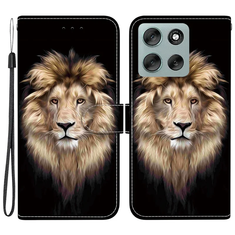 Étui pour Motorola Moto G56 5G Motif Imprimé Antichute en Cuir à Rabat Portefeuille avec Dragonne - Tête de Lion