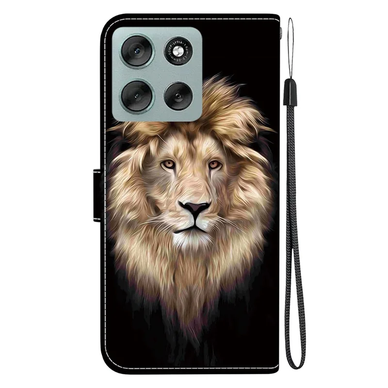 Étui pour Motorola Moto G56 5G Motif Imprimé Antichute en Cuir à Rabat Portefeuille avec Dragonne - Tête de Lion
