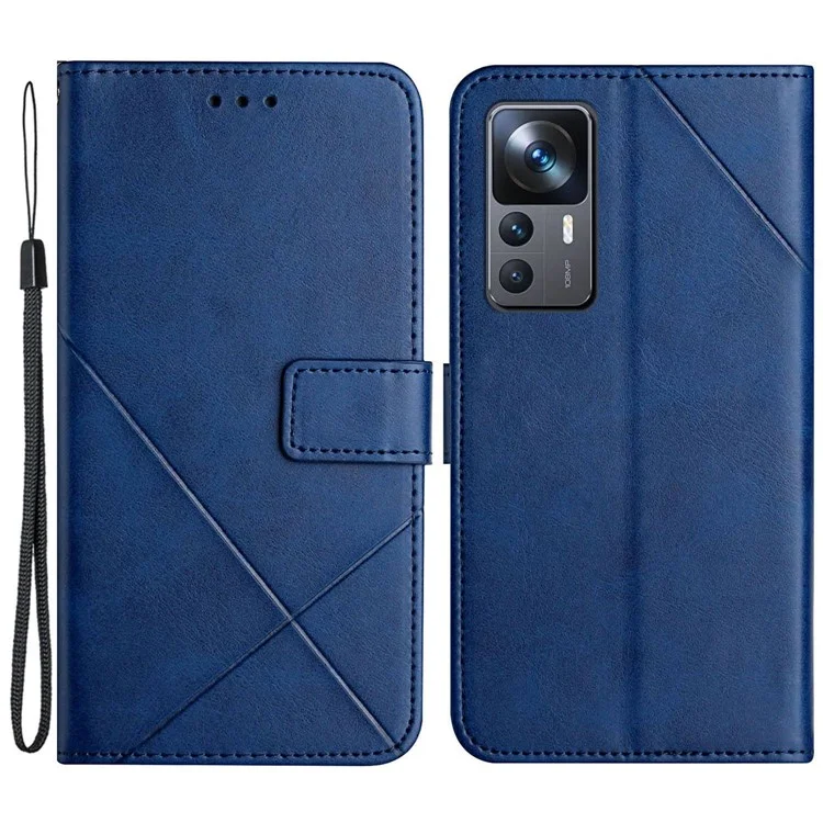 For Xiaomi 12T 5G / 12T Pro 5G / Redmi K50 Ultra 5G Solid Color Line Imprinting PU Leather Phone Shell, Wallet Stand Design Shockproof Magnetic Clasp Phone Case - Blue