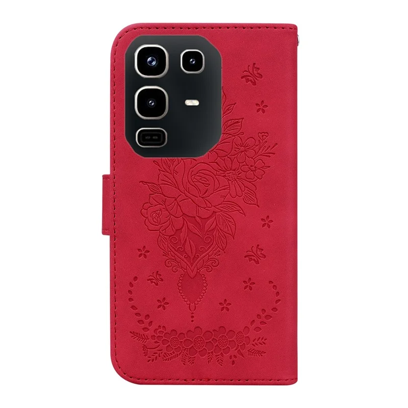 For Infinix Note 50 Pro 4G  /  Note 50 4G Case Butterfly Flower Imprint PU Leather Wallet Phone Cover with Strap - Red