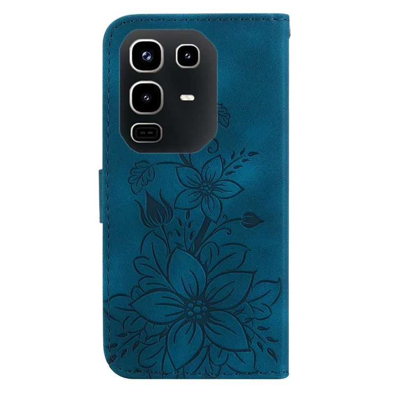Für Infinix Note 50 4G / Note 50 Pro 4G Handyhülle mit Ständer Lilien-Blumen-Prägung Kunstleder Handytasche mit Handschlaufe - Dunkelblau