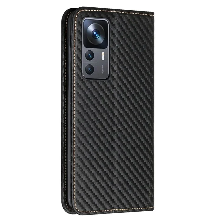 For Xiaomi 12T 5G / 12T Pro 5G / Redmi K50 Ultra 5G Carbon Fiber Texture PU Leather Stand Wallet Case Magnetic Auto Closing Phone Cover with Wrist Strap - Black