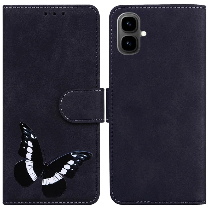 Funda con Soporte de Cuero PU para Infinix Smart 10 con Estampado de Mariposa - Negro