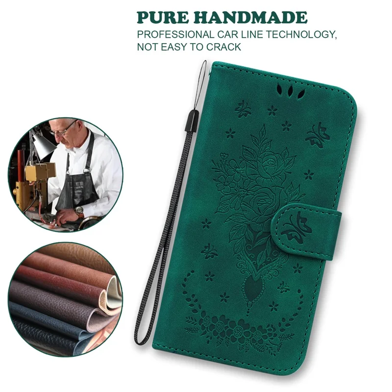 For Infinix Smart 10 Case Butterfly Flower Imprint PU Leather Wallet Phone Cover with Strap - Green