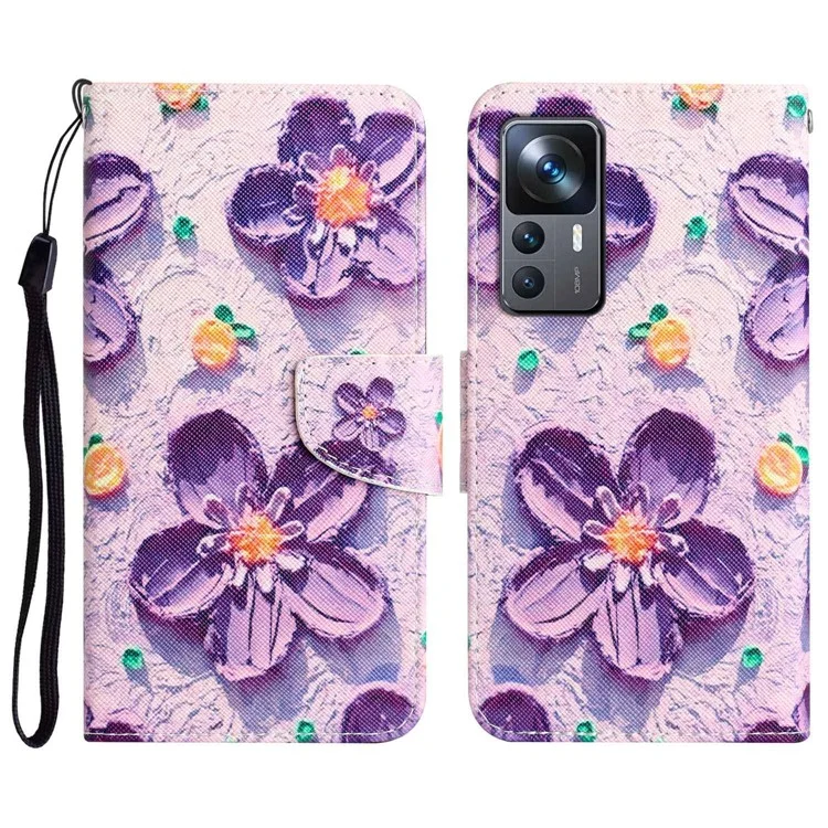 Für Xiaomi 12T 5G / 12T Pro 5G / Redmi K50 Ultra 5G Cross Texture PU-Leder stoßfeste Hülle Muster Drucken Flip Ständer Brieftasche - Lila Blume