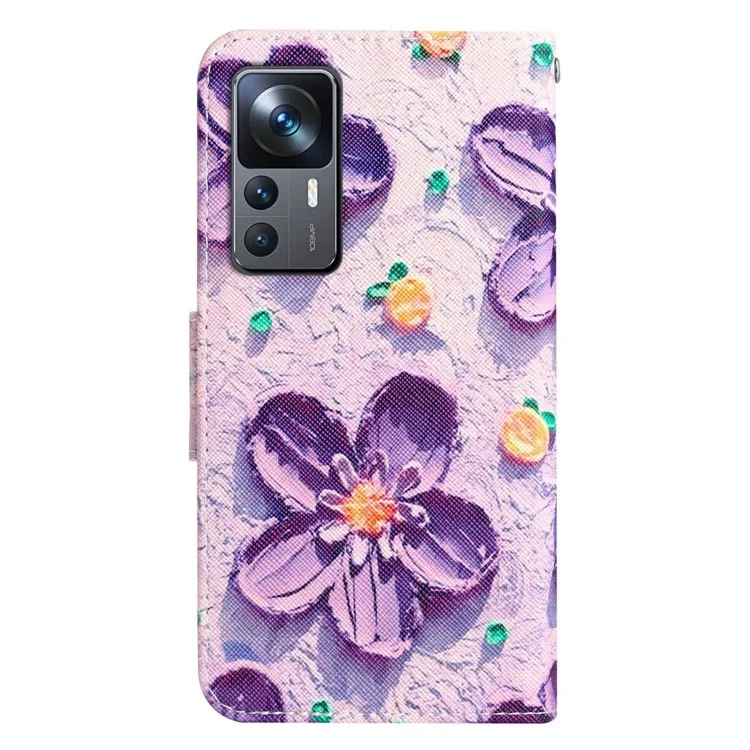 Für Xiaomi 12T 5G / 12T Pro 5G / Redmi K50 Ultra 5G Cross Texture PU-Leder stoßfeste Hülle Muster Drucken Flip Ständer Brieftasche - Lila Blume