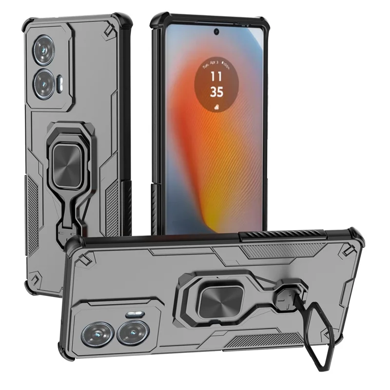 For Motorola Edge 50 Fusion 5G Case Rotatable Ring Kickstand PC + TPU Shockproof Phone Cover - Black