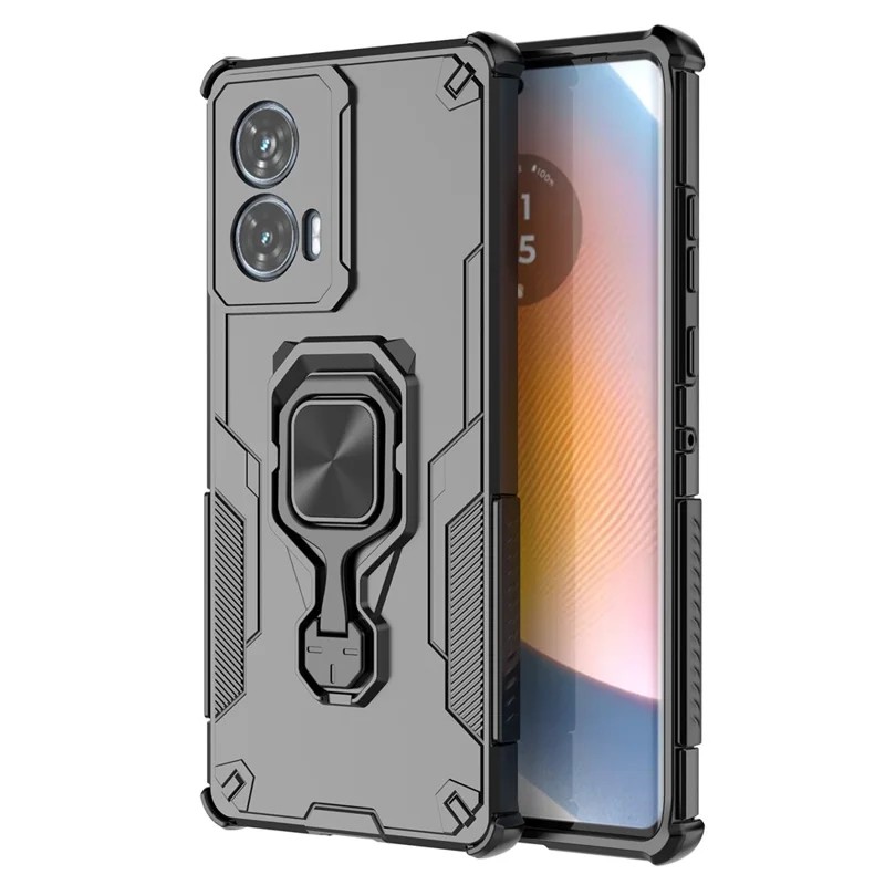 For Motorola Edge 50 Fusion 5G Case Rotatable Ring Kickstand PC + TPU Shockproof Phone Cover - Black