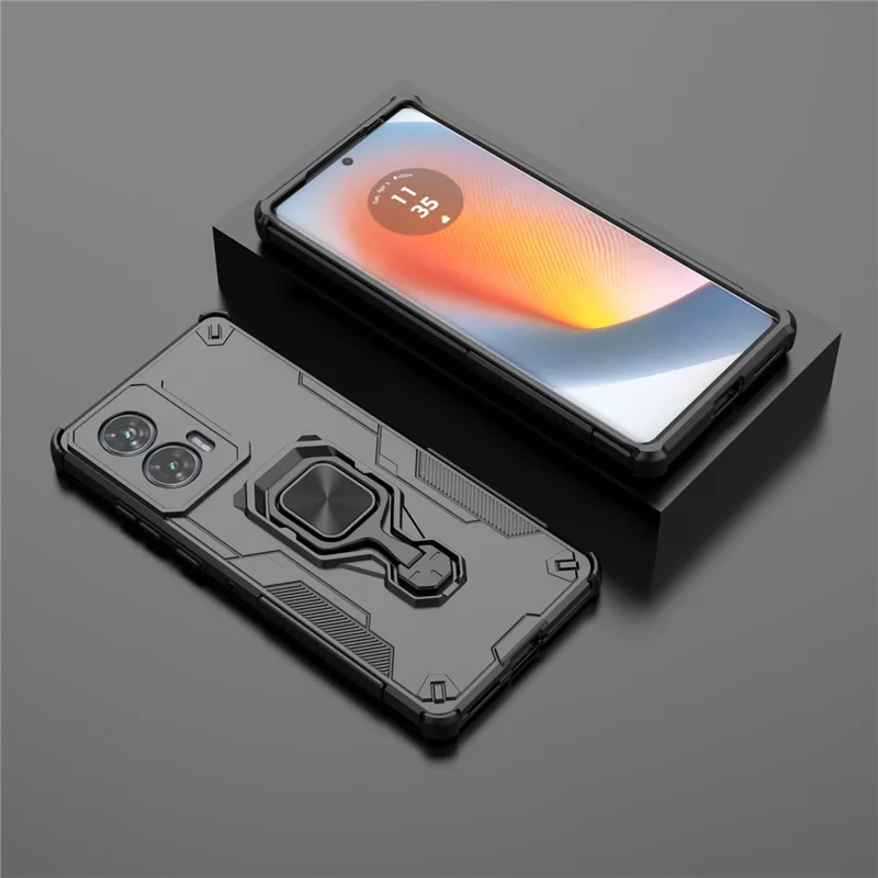 For Motorola Edge 50 Fusion 5G Case Rotatable Ring Kickstand PC + TPU Shockproof Phone Cover - Black