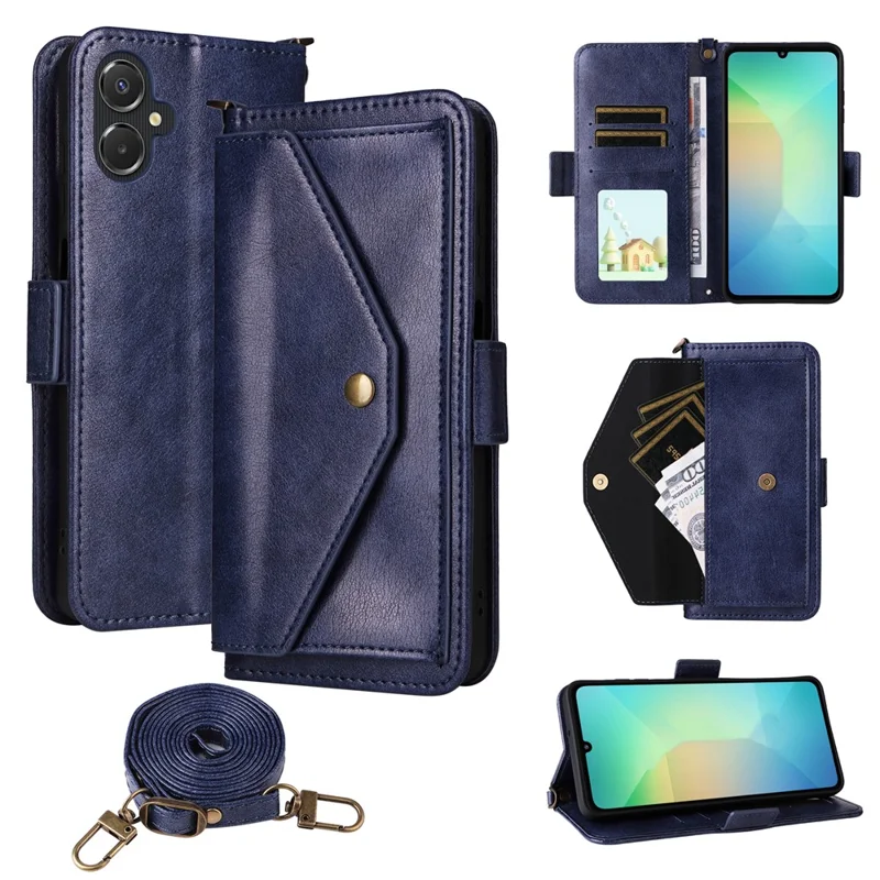 For Samsung Galaxy A06 5G  /  4G Leather Case Magnetic Closure Wallet Stand Phone Cover with Crossbody Strap - Blue