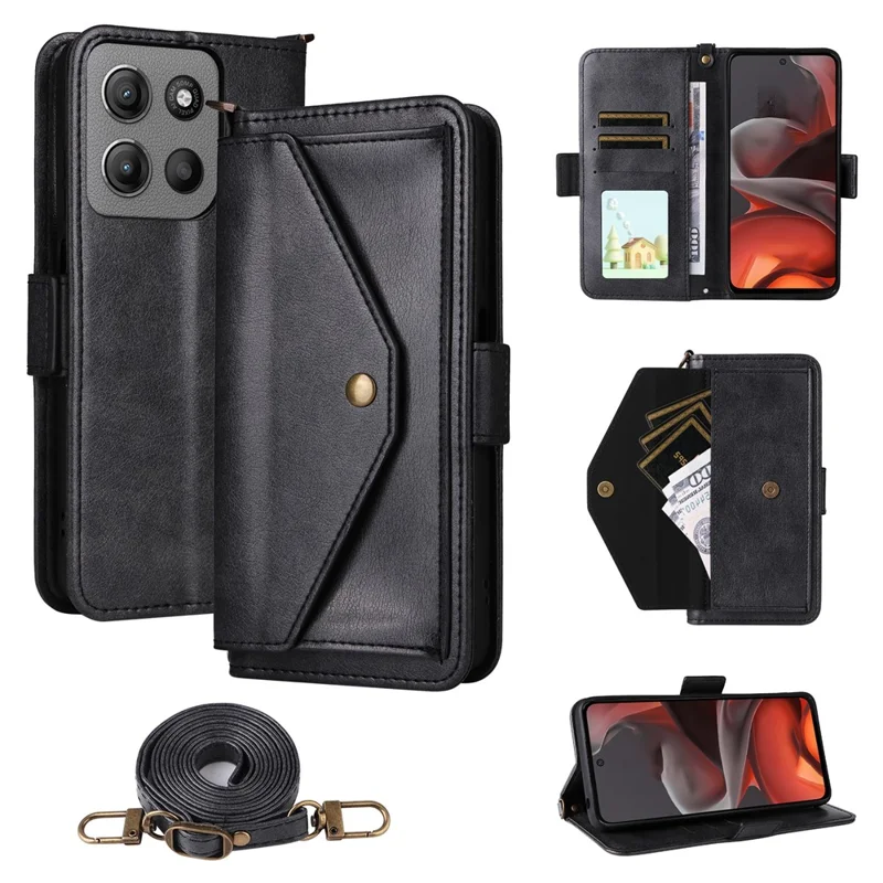 Funda de Cuero para Motorola Moto G15 Power 4G / G15 4G con Cierre Magnético, Soporte de Cartera y Correa Cruzada - Negro
