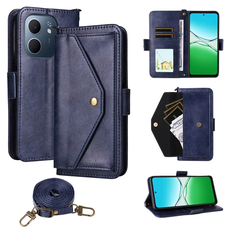 For Oppo A5x 5G  /  4G Leather Case Magnetic Closure Wallet Stand Phone Cover with Crossbody Strap - Blue