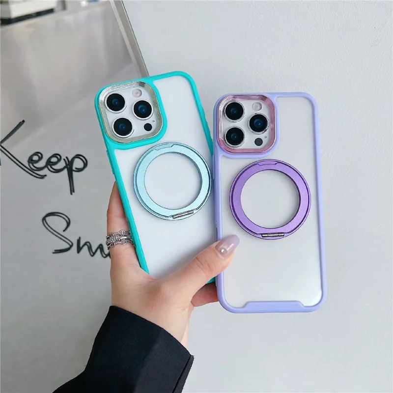 For iPhone 16 Pro Magnetic Case Kickstand Electroplating Lens Frame TPU Acrylic Phone Back Cover - Pink