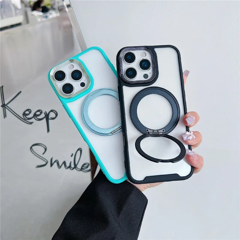 For iPhone 16 Pro Magnetic Case Kickstand Electroplating Lens Frame TPU Acrylic Phone Back Cover - Pink