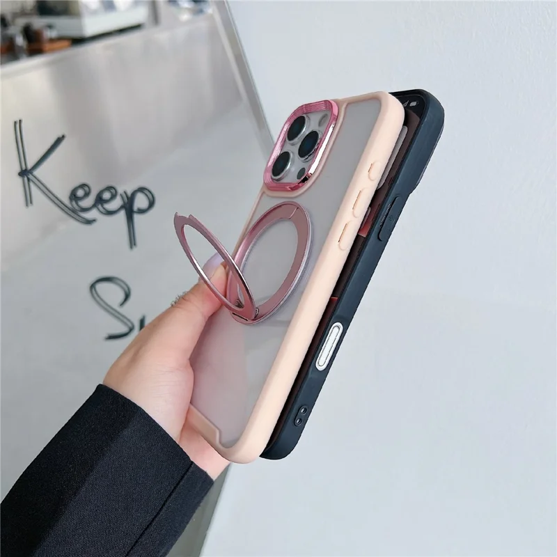 For iPhone 16 Pro Magnetic Case Kickstand Electroplating Lens Frame TPU Acrylic Phone Back Cover - Pink