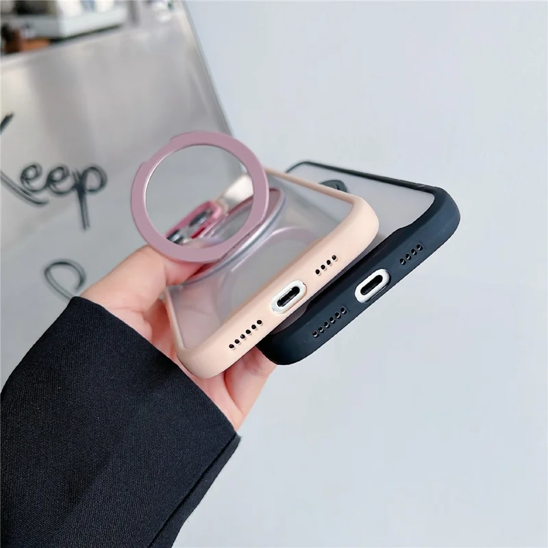 For iPhone 16 Pro Magnetic Case Kickstand Electroplating Lens Frame TPU Acrylic Phone Back Cover - Pink