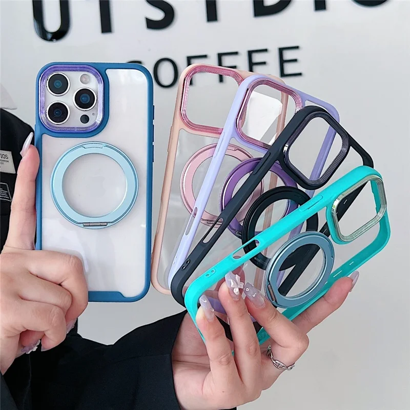 For iPhone 16 Pro Magnetic Case Kickstand Electroplating Lens Frame TPU Acrylic Phone Back Cover - Pink