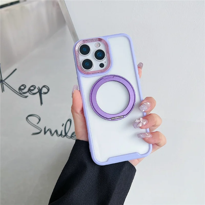 For iPhone 16 Pro Magnetic Case Kickstand Electroplating Lens Frame TPU Acrylic Phone Back Cover - Purple
