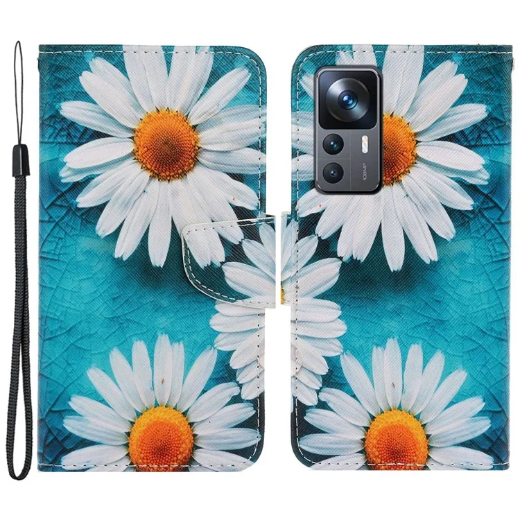 Für Xiaomi 12T 5G / 12t Pro 5g / Redmi K50 Ultra 5G Cross Textur Muster Druck Brieftasche Telefonabdeckung PU Lederstand Hülle - Chrysantheme