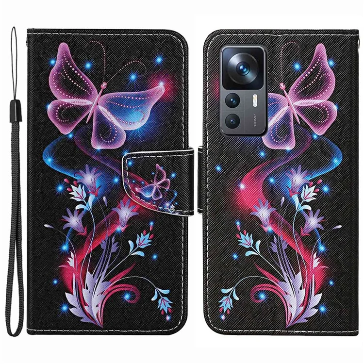 Для Xiaomi 12t 5g / 12t Pro 5g / Redmi K50 Ultra 5G Cross Texture Printing Printing Coleme Cover Cover pu Кожаная Подставка - Флуоресцентные Бабочки