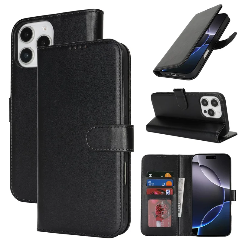 Pour iPhone 16 Pro Étui Support Antichoc Portefeuille en Cuir pour Téléphone - Noir