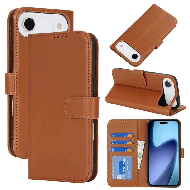 For iPhone Air Stand Case Shockproof Leather Wallet Phone Cover - Light Brown
