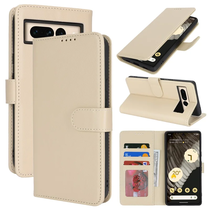 For Google Pixel 7 Pro 5G Stand Case Shockproof Leather Wallet Phone Cover - Beige