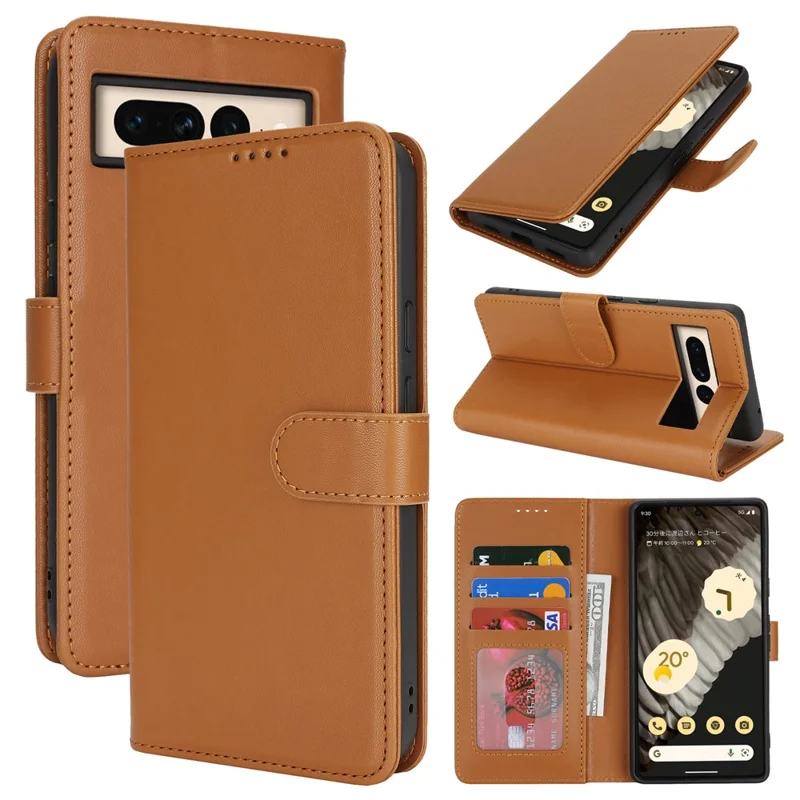 For Google Pixel 7 Pro 5G Stand Case Shockproof Leather Wallet Phone Cover - Light Brown
