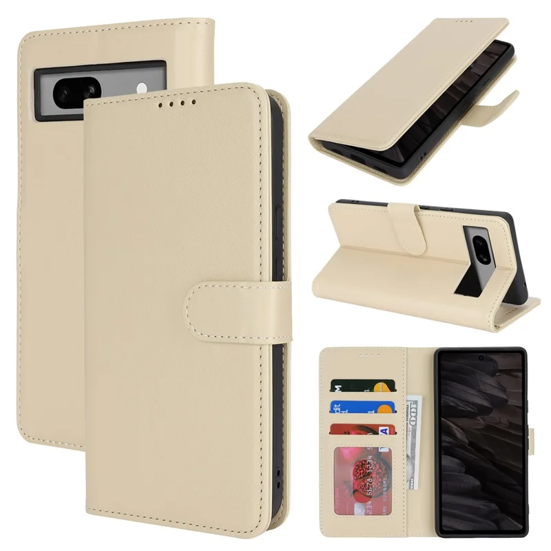 For Google Pixel 7a Stand Case Shockproof Leather Wallet Phone Cover - Beige
