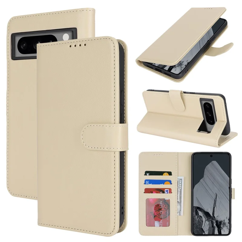 For Google Pixel 8 Pro Stand Case Shockproof Leather Wallet Phone Cover - Beige