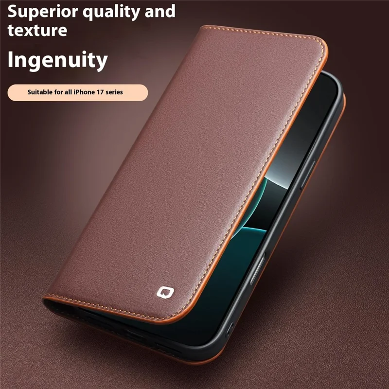 QIALINO For iPhone 17 Pro Max Case Wallet Flip Stand Phone Cover Genuine Cow Leather - Brown