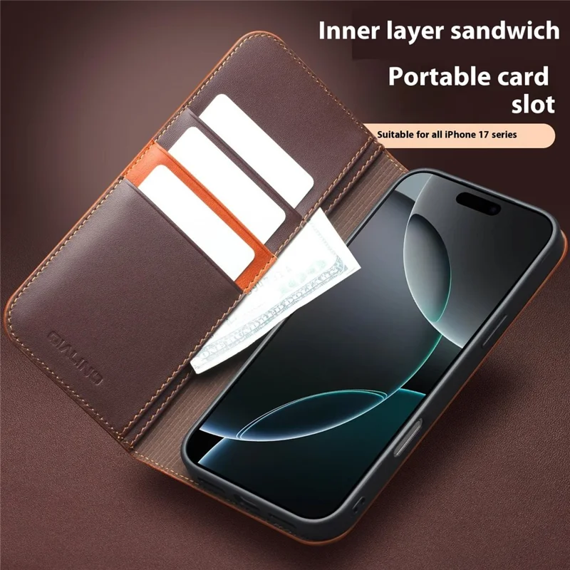 QIALINO For iPhone 17 Pro Max Case Wallet Flip Stand Phone Cover Genuine Cow Leather - Brown