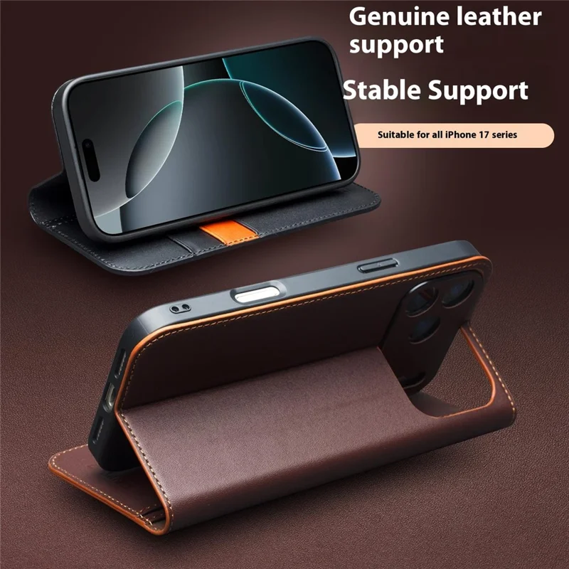 QIALINO For iPhone 17 Pro Max Case Wallet Flip Stand Phone Cover Genuine Cow Leather - Brown