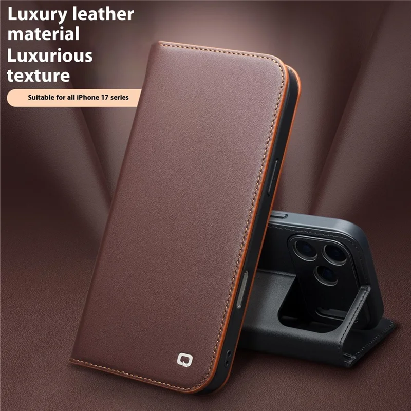QIALINO For iPhone 17 Pro Max Case Wallet Flip Stand Phone Cover Genuine Cow Leather - Brown