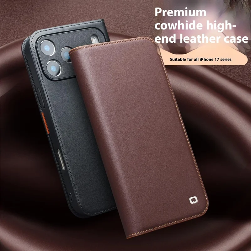 QIALINO For iPhone 17 Pro Max Case Wallet Flip Stand Phone Cover Genuine Cow Leather - Brown