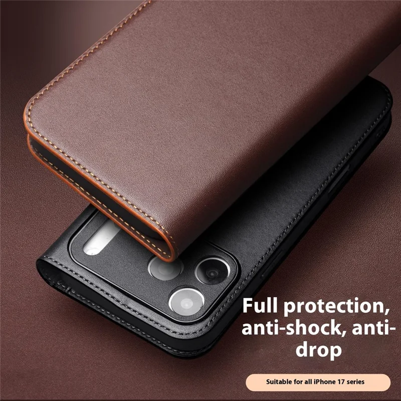 QIALINO For iPhone 17 Pro Max Case Wallet Flip Stand Phone Cover Genuine Cow Leather - Brown