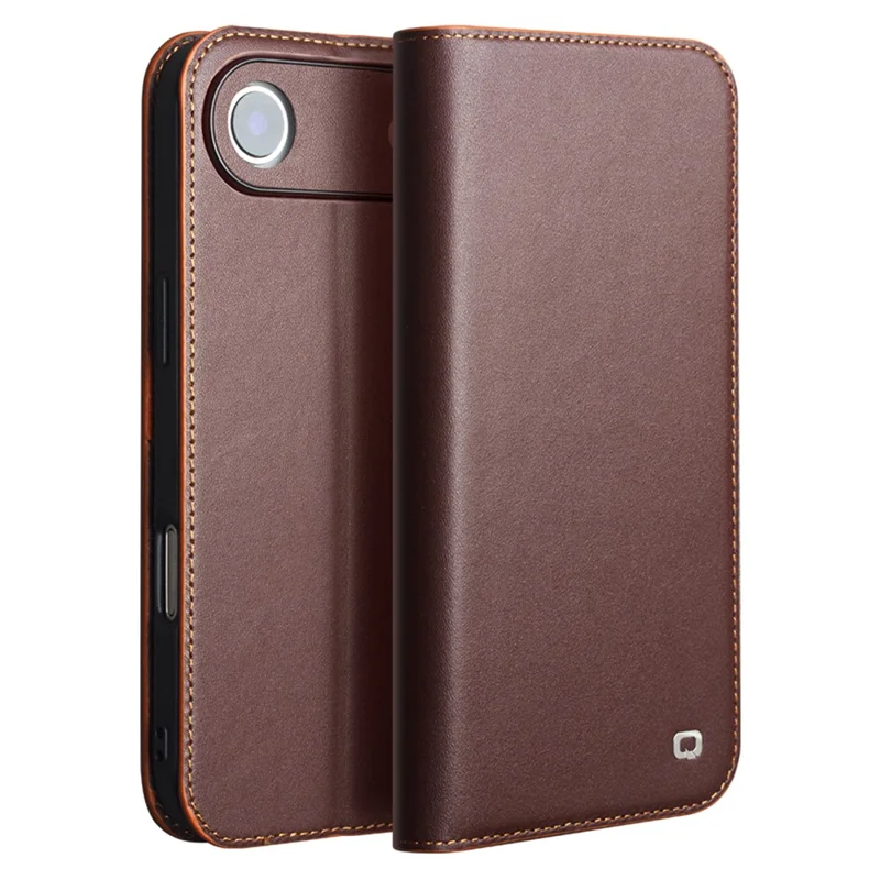 QIALINO Para iPhone 17 Capa de Ar com Carteira e Suporte Flip Capa de Telefone em Couro de Vaca Genuíno - Marrom
