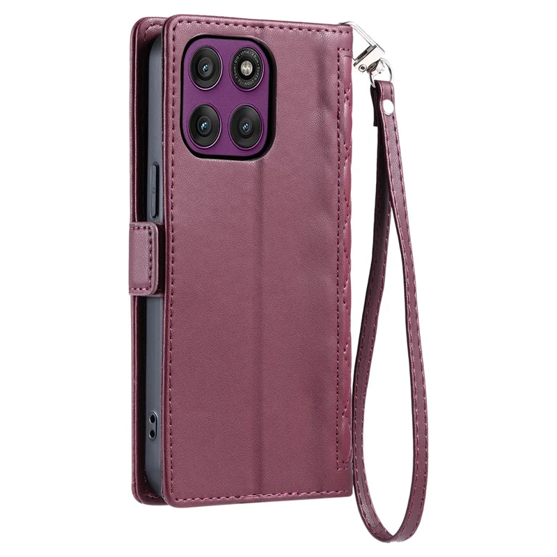 Para Motorola Moto G86 5G Funda de Cuero Textura de Rombo Cartera Soporte Funda de Teléfono con Correa de Muñeca - Rojo Vino
