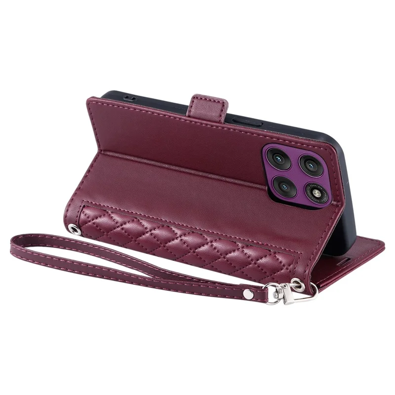 Para Motorola Moto G86 5G Funda de Cuero Textura de Rombo Cartera Soporte Funda de Teléfono con Correa de Muñeca - Rojo Vino